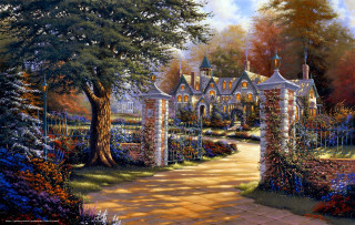 Garden pathway house trees flowers - a painting of a garden free wallpaper