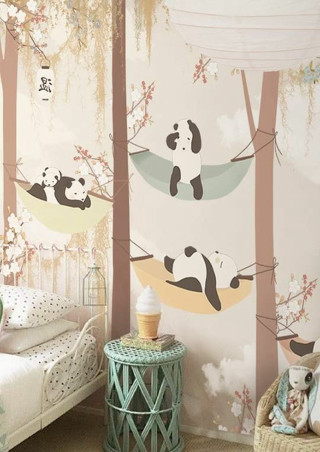 Panda mural child bedroom bed - free animals wallpaper