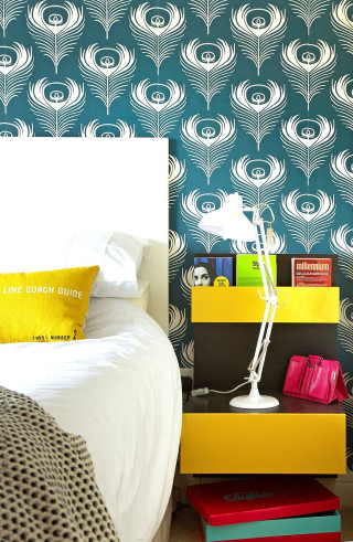 Bedroom peacock pattern artdeco vibrant - nightstand free wallpaper