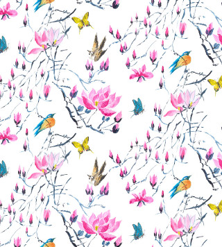 White background birds flowers pattern - pink flower and leaves free wallpaper