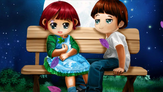 Night bench astronaut fireworks moon - a boy and a girl free wallpaper