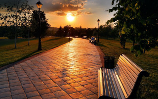 Park bench brick walkway sunset - a brick walkway free wallpaper for desktop