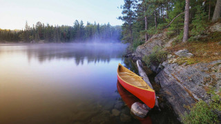Canoe dock lake fog trees 2 - fog in the air and trees free wallpaper