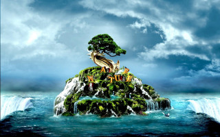 Small island tree waterfall ocean - the middle of the ocean free wallpaper