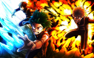 Anime characters fire ice jumping - official art free wallpaper for desktop