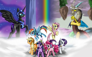 Ponies snow rainbow group standing - a rainbow in the background free wallpaper for desktop