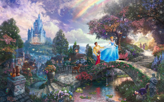 Couple bridge river castle rainbow - kinkade free wallpaper