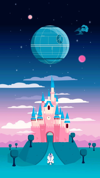 Castle sky blue moon background 2 - retrofuturism free wallpaper for mobile