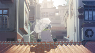 Person sitting roof umbrella buildings - anime key visual free wallpaper for desktop