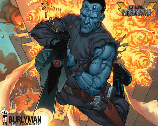 Man blue suit gun fire - flame and smoke free wallpaper