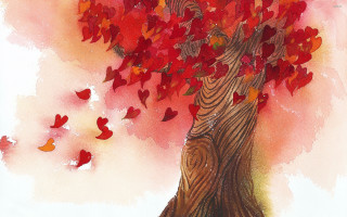 Tree red leaves bird flying - a watercolor painting free wallpaper