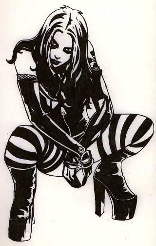 Woman striped outfit kneeling sword - skirt free wallpaper for mobile