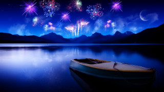 Boat fireworks water mountains night - magical atmosphere free wallpaper