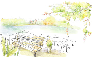 Watercolor bench tree lake house - plein air free wallpaper