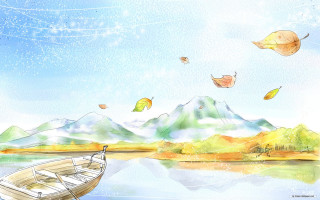Boat lake mountain leaves flying - arthur pan free wallpaper