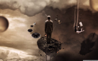 Man tower clock floating objects - surrealistic free wallpaper for desktop