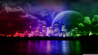 City skyline rainbow colored sky 2 - beeple free wallpaper