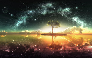 Tree lush field night sky - a lake below free wallpaper