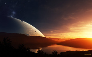 Planet lake star sunset space - a planet free wallpaper