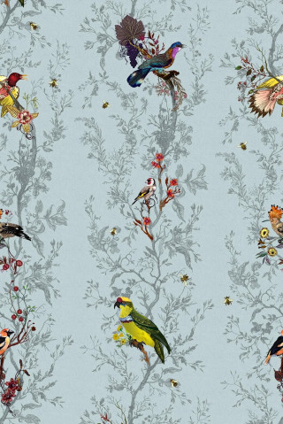Birds flowers blue background leaves - a pattern of leaves free wallpaper