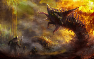 Dragon attack man forest fire 2 - a painting of a dragon free wallpaper for desktop