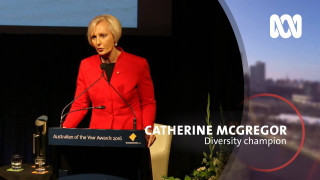 Woman podium microphone cityscape speaking - futurism free wallpaper