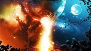 Colorful space scene explosion rocks - a distant star in the background free wallpaper