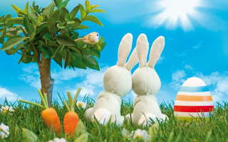 Stuffed rabbits grass tree eggs 2 - top of them free wallpaper