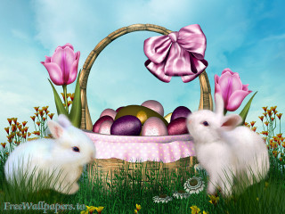 Two white rabbits basket eggs - a basket free wallpaper