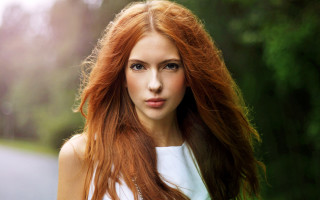 Woman red hair street trees - long red hair free wallpaper
