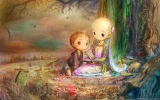 Couple people sitting tree forest - a couple of people sitting next free wallpaper