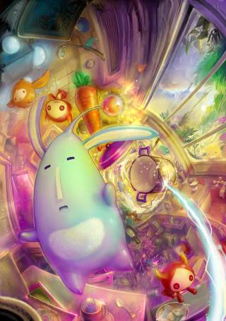 Cartoon character flying objects background - digital art free wallpaper for mobile