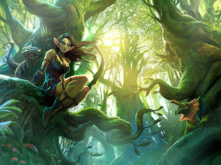 Woman sitting tree forest sunlight - art of brom free wallpaper