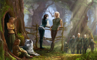 People forest tree wolf group - free fantasy wallpaper