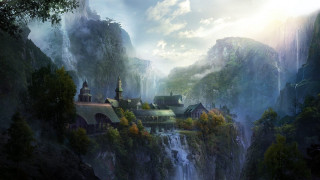 Fantasy castle mountain waterfall below 3 - christophe vacher free wallpaper