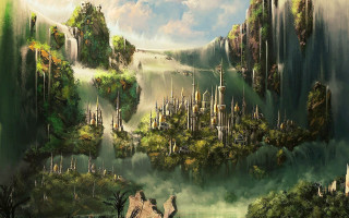 Fantasy city mountain river forest - a forest below free wallpaper for desktop