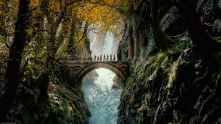 Fantasy bridge river forest waterfall 2 - scene free wallpaper