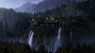 Castle cliff waterfall forest night 2 - andor basch free wallpaper for desktop