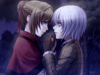 Anime characters hugging full moon - a full moon behind them free wallpaper