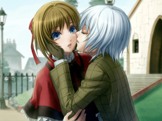 Anime couple hugging clock tower - a clock tower in the background free wallpaper