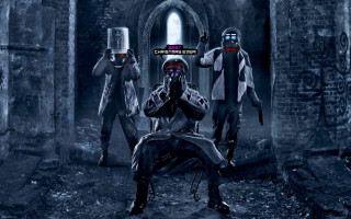 Group people dark room brick - dystopian art free wallpaper