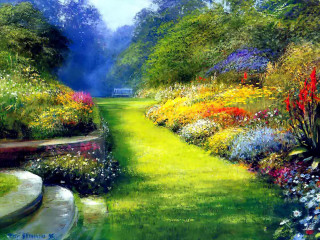 Garden flowers bench painting nature - a painting of a garden free wallpaper