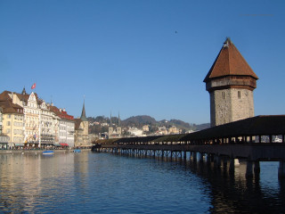 Bridge water buildings clock tower - panoramic view free wallpaper for desktop