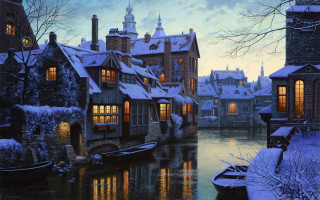 Canal boat building clock lights - a few light free wallpaper