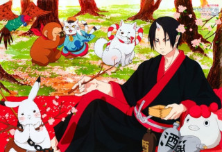 Man sitting bed animals cat - ukiyoe free wallpaper