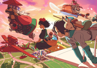 People bench sky plane flying - ghibli free wallpaper