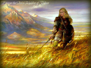 Woman armor field sword mountain - free fantasy wallpaper