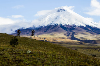 Mountain bikers snow capped peak - peak in the background free wallpaper for desktop