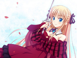 Woman red dress sword smile - a red dress holding free wallpaper