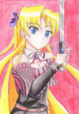 Girl sword bow drawing pink - anime art style free wallpaper for mobile